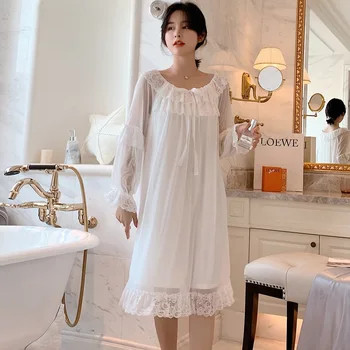 

Spring New White Fairy Lace Princess Nightgown Modell Sweet Lovely Retro Palace Sleepwear Home Dress Casual Home Clothing Пижама