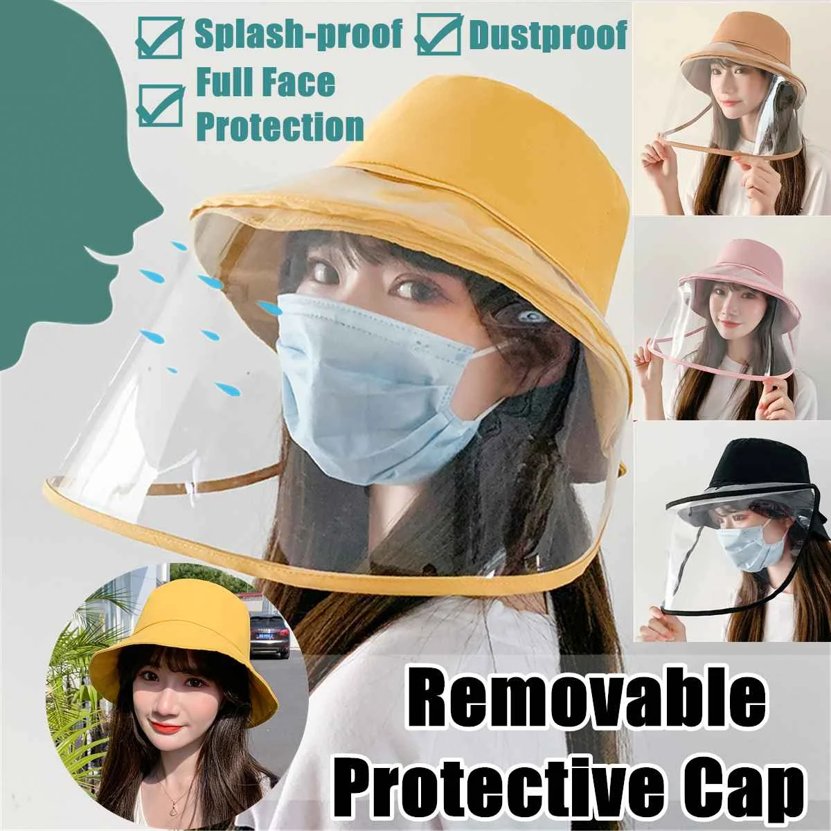 

Transparent Full Face Mask with Removable Sun Hat for Protection Anti Spray Saliva Plastic Anti-Dust Face Mouth TPU Masks Yellow