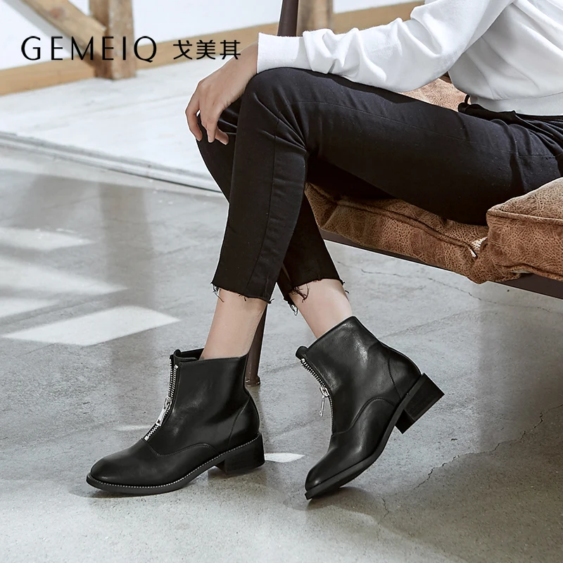 

GEMEIQ 2019 Winter New Women's Boots Front Zipper Decoration Round Head Short Boot Knight Boot Women's Bold and Leisure Warm