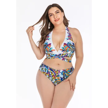 

2020 New Sexy Floral Print Swimsuit Women Plus Size Swimwear V Neck Bathing Suit L-4XL Girl High Waist Front Cross Bikini Set