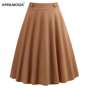 

2019 Button Khaki Retro Vintage Skirt Summer Mid Waist Solid Knee-Length Pleated Skirts Womens A Line Summer Casual Skirt Jurken