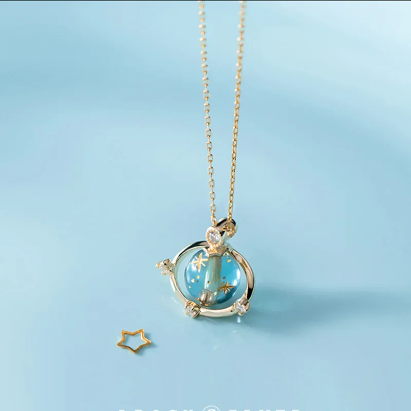 PONYKISS 925 Sterling Silver Planet Blue Pendant Necklace Party Delicate Fashion Jewelry Accessory Girl Simple Chic Gift