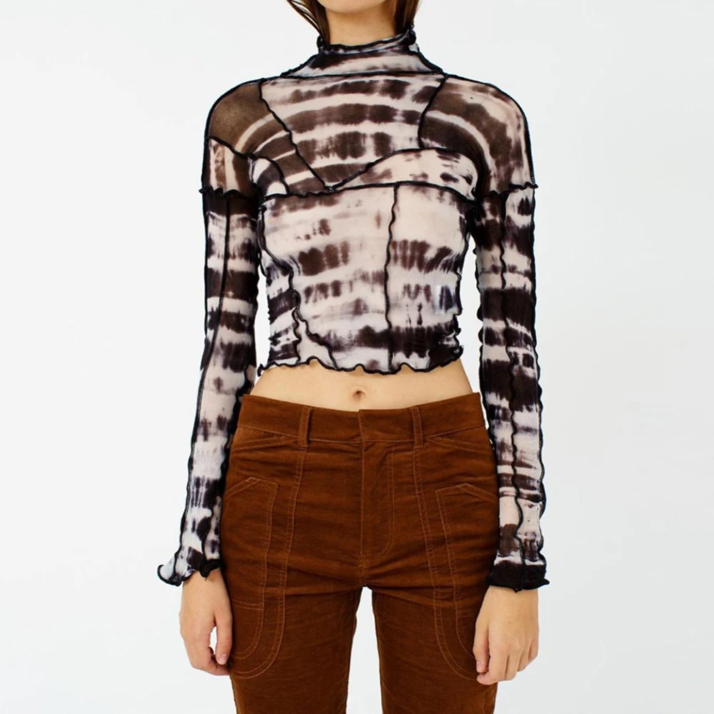 

Gothic Black Women O-Neck Long Sleeve Splice Line Fashion Printing Crop Top 2020 Summer New Female Streetwear Slim Short T-shirt