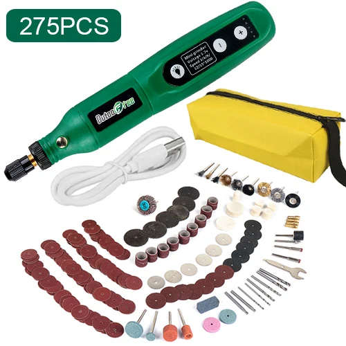 USB Mini Cordless Drill Pen Rechargeable Wireless Engraving Pen With LED Rotary Tool Dremel Electric Drill Grinding Accessories Green-275PCS