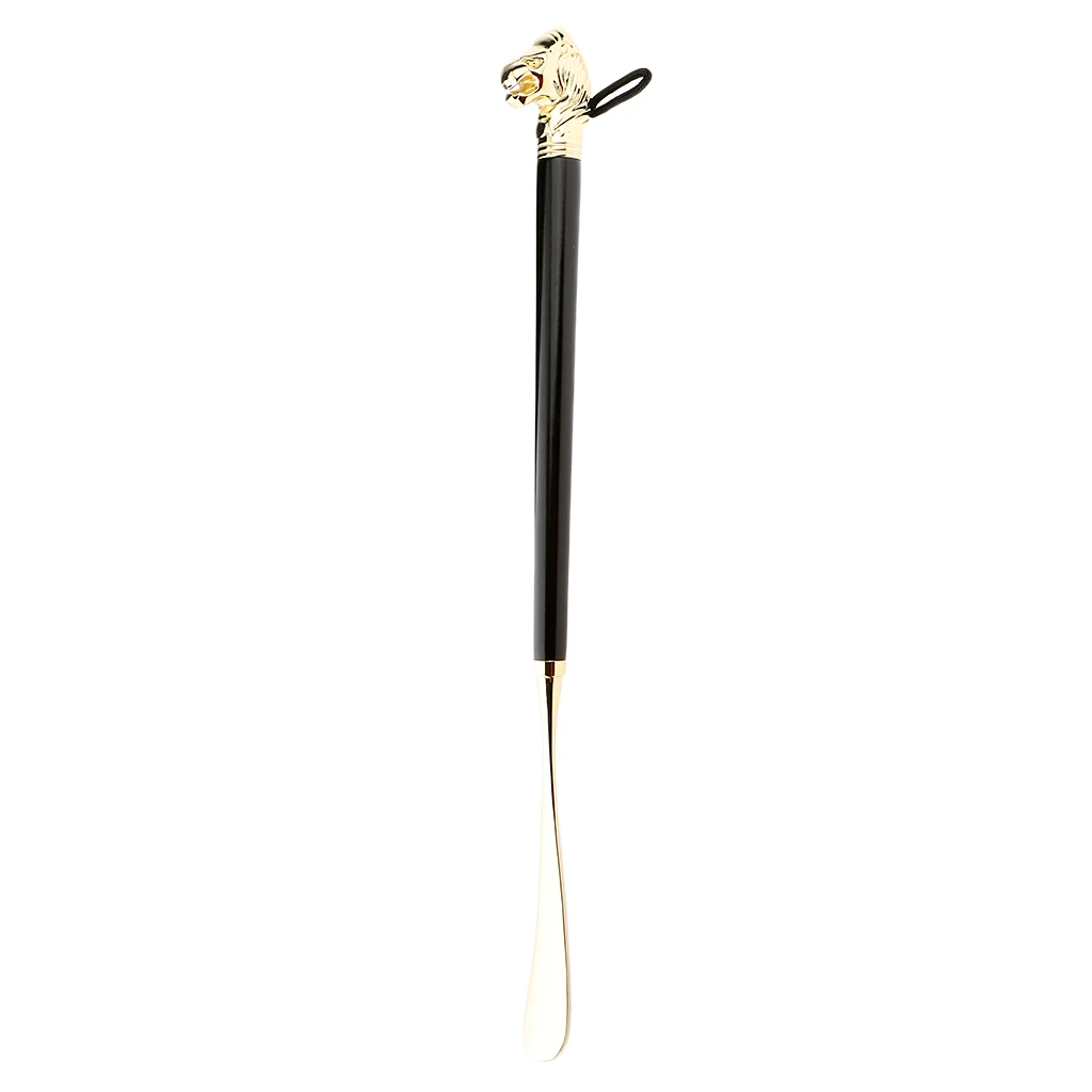 

Vintage Golden Lion Head Long Black Wooden Handle Shoehorn Shoe Horn Aid Stick Metal 49 cm