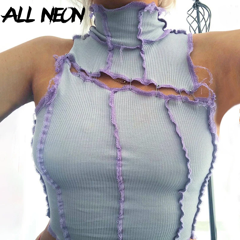 

ALLNeon Y2K Fashion Stitch Ribbed Turtleneck Cropped Tops E-girl 90s Clips Hollow Our Sleeveless Tank Tops Autumn Knitted Vest