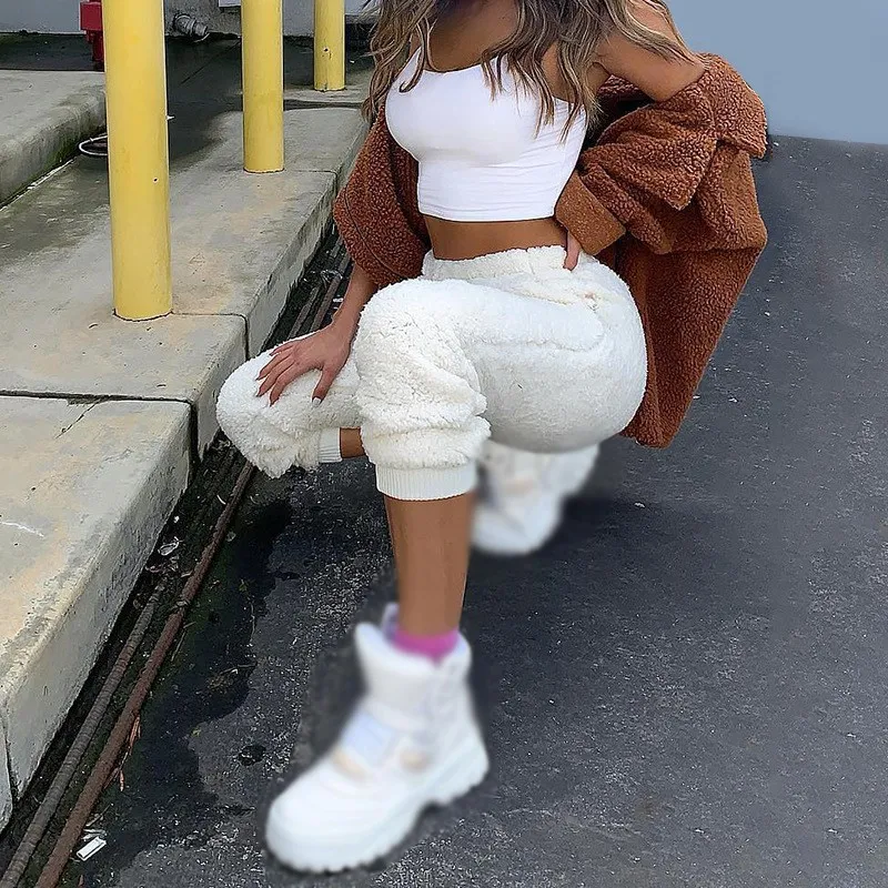 

WoMen Soft Plush Flannel Pants High Solid Color Loose Long Pants Thicker Trousers