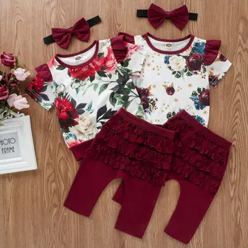 

Newborn Baby Girls Clothes Red Rose Floral Print T-Shirt Tops Ruffle Long Pants Leggings For Girls Casual Outfits