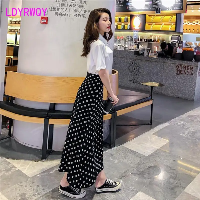 LDYRWQY Spring 2020 new high waist polka dot skirt Knee-Length  Polyester  Chiffon  Casual  Dot Casual