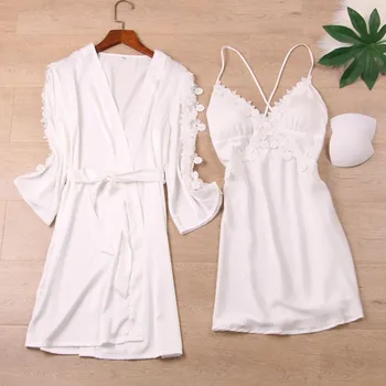 

2020 Women Robe & Gown Sets Sexy Lace Sleep Lounge Pijama Long Sleeve Ladies Nightwear Bathrobe Night Dress With Chest Pads