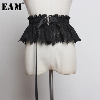 

[EAM] Black Laec Temperament Stitch Bandage Long Wide Belt Personality Women New Fashion Tide All-match Spring 2020 1R980