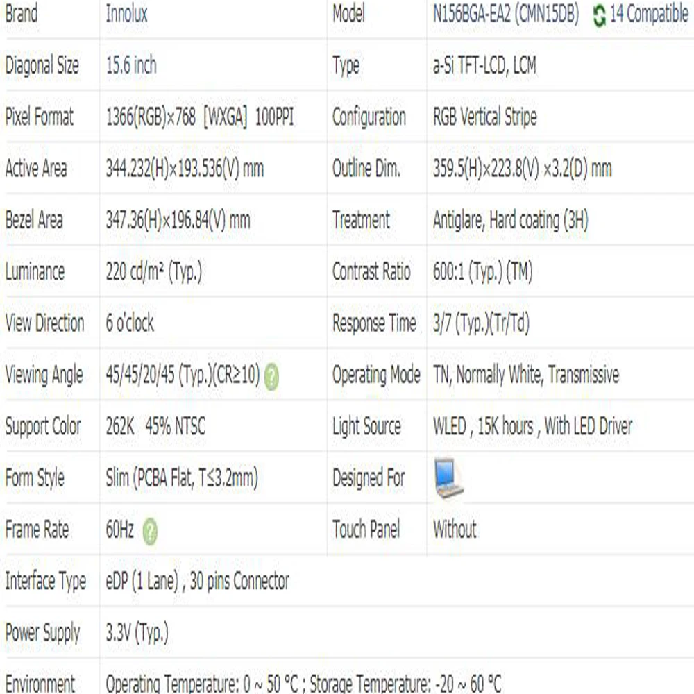 matriz fina para laptop com 15.6 polegadas,