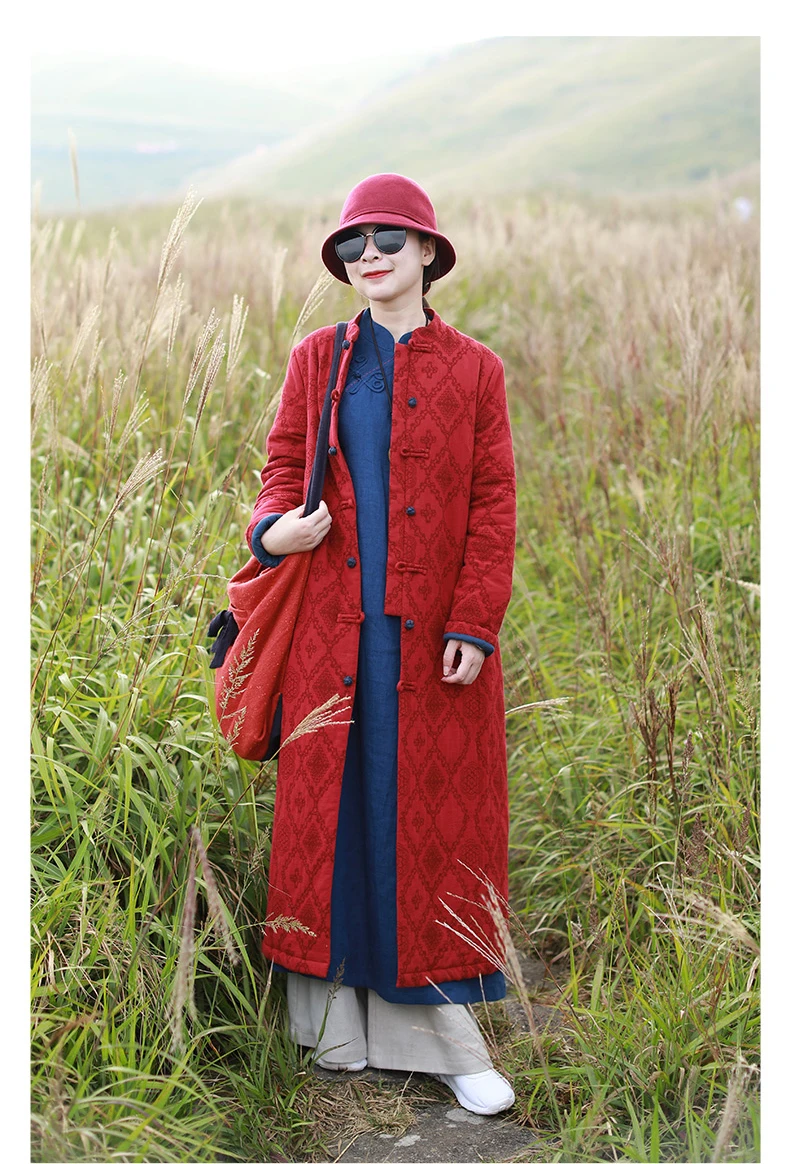 LZJN 2019 Winter Jacket Women Stand Collar Quilted Overcoat Long Chinese Parka Jacquard Autumn Coat Pocket Winterjas  (17)