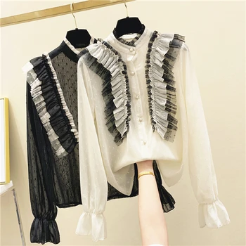 

Lace Stitch Frilled Collar Bell-Sleeve Chiffon Shirt Women's 2020 Spring New Fashion Blouse Loose Blouses Tops Blusa Feminina