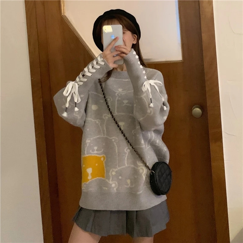 Ins Harajuku корейский Забавный мультяшный вязаный свитер с длинным рукавом, Женский Осенний милый свободный свитер с круглым вырезом, Модный повседневный шикарный свитер