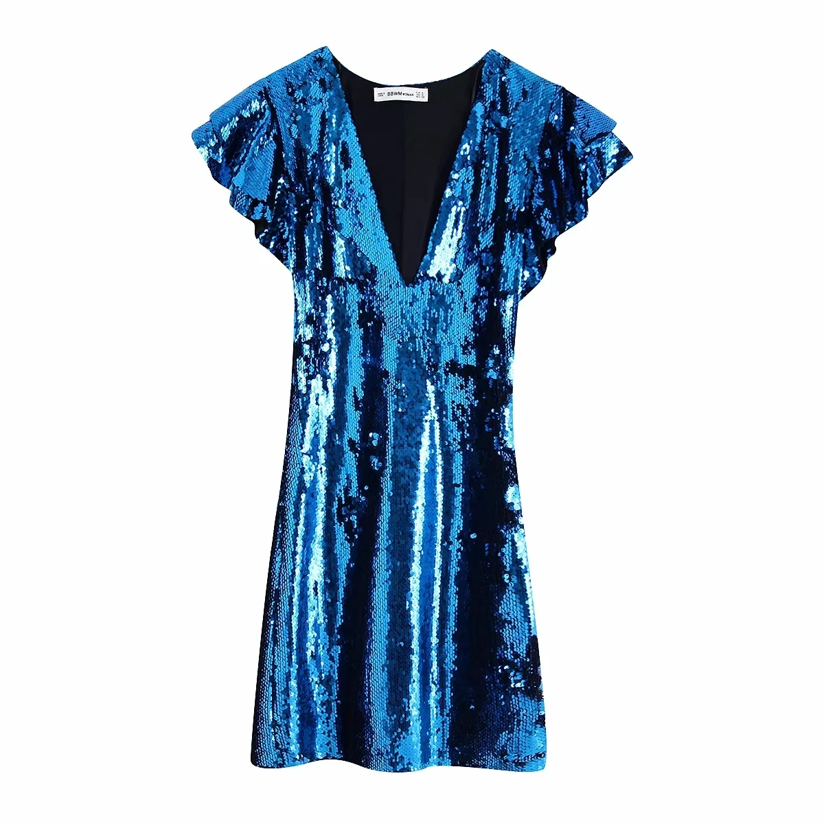 Новое женское синее платье с блестками и расклешенными рукавами, приталенные сексуальные мини Вечерние платья с высокой талией, женское элегантное Клубное платье с v-образным вырезом, Vestidos