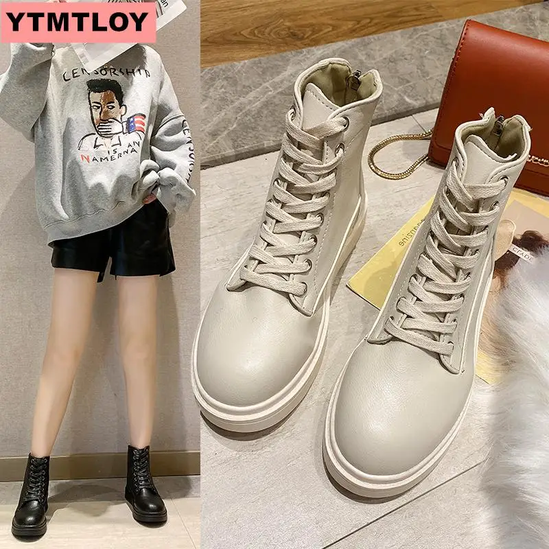 Женские Кожаные Ботинки Martin с круглым носком зимняя теплая обувь мотоциклетные