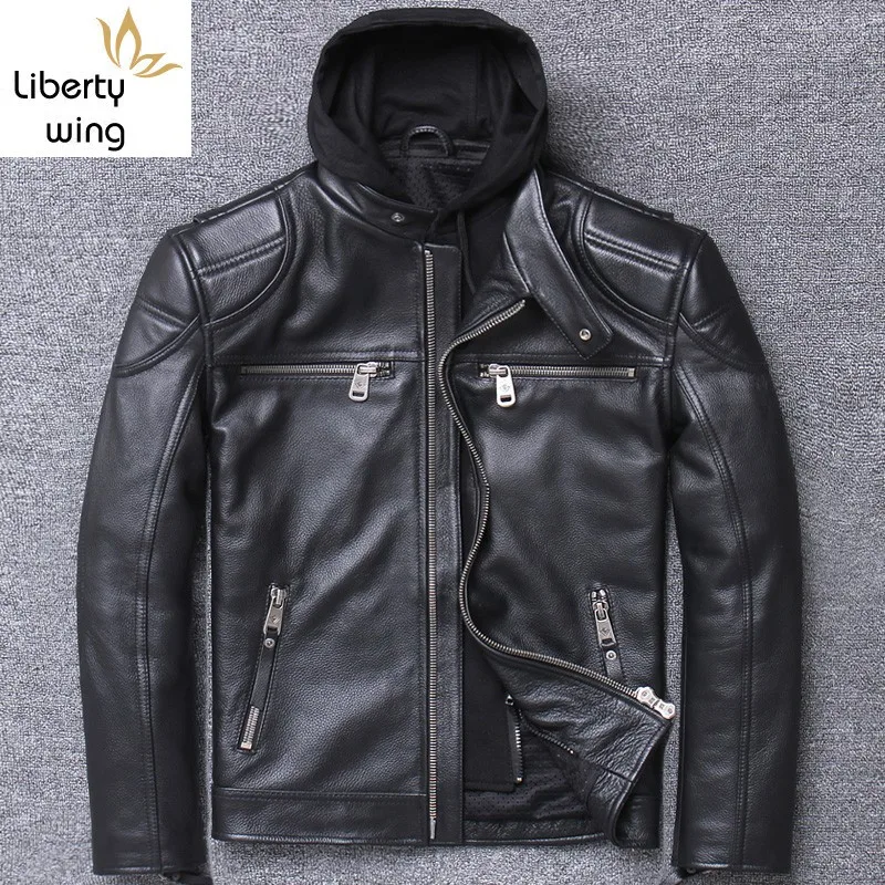 

Luxury Mens Cowhide Genuine Hoody Motorcycle Biker Outwear Coat Slim Fit Real Leather Jacket Plus Size 5XL Coats