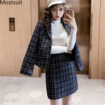 

Vintage Tweed 3 Piece Sets Outfits Women Plaid Blazer Coat + A-line High Waist Mini Skirt Suits Elegant Office Fashion 3 Pcs Set