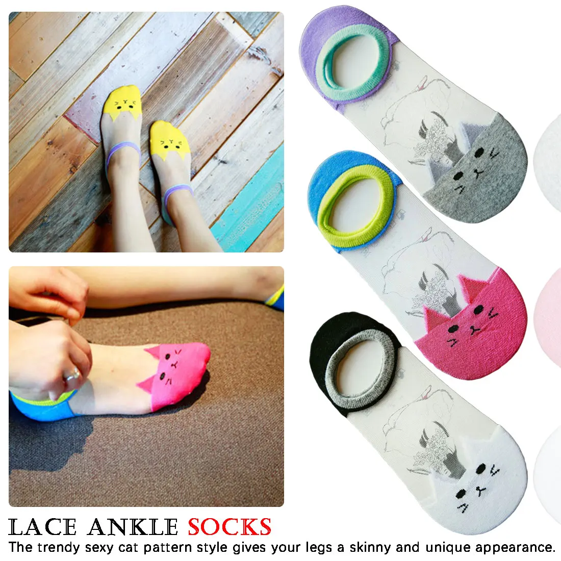Мягкие антибактериальные 5 пар, милые Шелковые Носки с рисунком кота, прозрачные стрейч сетка, носки из смешанного волокна, эластичные носки до щиколотки