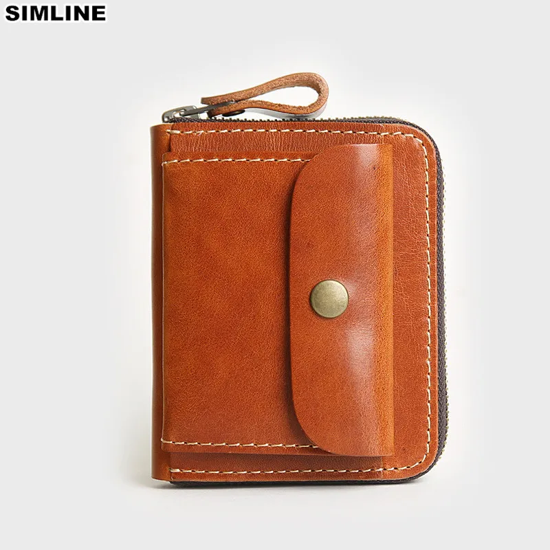 Кошелек SIMLINE мужской из натуральной кожи винтажный короткий бумажник на молнии