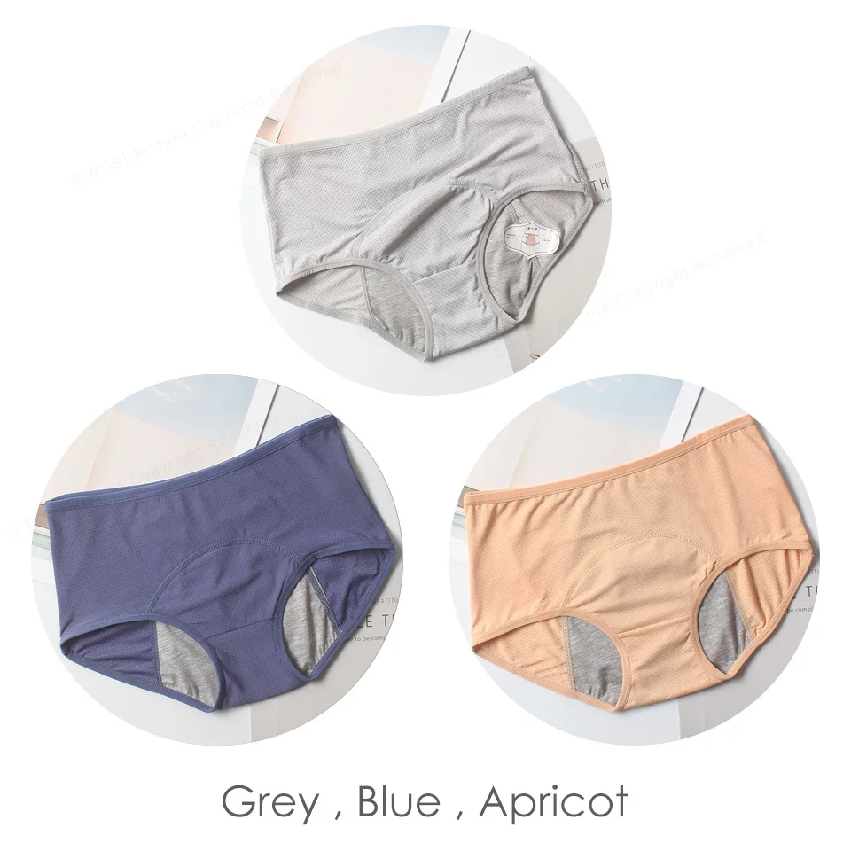 Grey Blue Apricot Менструальные трусы, трусики для женщин, хлопковое дышащее Сетчатое водопоглощающее герметичное нижнее белье, женское нижнее белье с высокой талией, XXXL - Цвет: Grey Blue Apricot