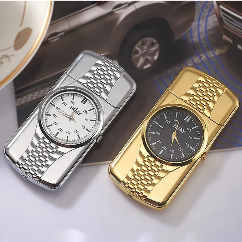 

Clock Windproof and Fmaleless Tengsten Heating Wire Lighter Portable USB Recharging Reusable Encendedores with Blue Light