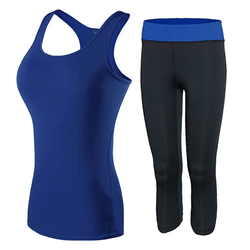2 шт., Женский комплект для йоги, укороченный топ, жилет, обтягивающие леггинсы, штаны, спортивные комплекты, одежда для спортзала, бега, женская одежда для фитнеса - Цвет: Синий