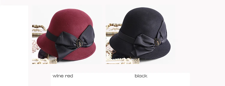 FS Elegant Women Round Bowler Cap Wine Red Wool Big Bowknot Fedoras Church Cloche Bucket Hat Vintage Brim Chapeu Feminino