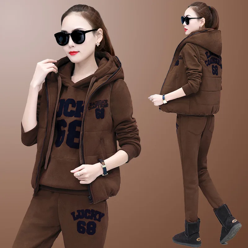 Winter Thick Fleece Women Sport Suit Tracksuit Letter Print Jacket+hoodie+pant Warm Casual Jogger Running Outfit Set Sportswear