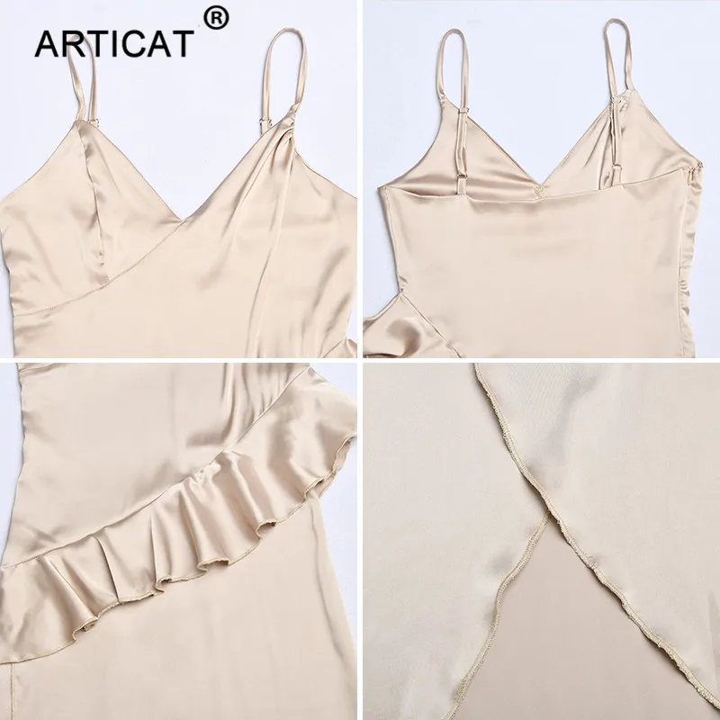 Articat, асимметричное, с оборками, сексуальное, сатиновое платье, женское, элегантное, на тонких бретелях, с разрезом, облегающее, рождественское платье, для девушек, длинное, вечерние, платье
