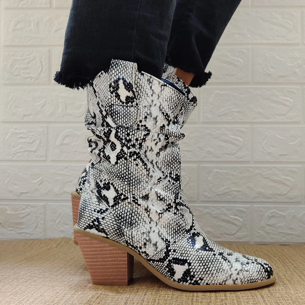PU Leather Snake Grain Boots Round Toe Slip-On Square Heels wild vintage Women Boots British Style Round chunk heels shoes lady