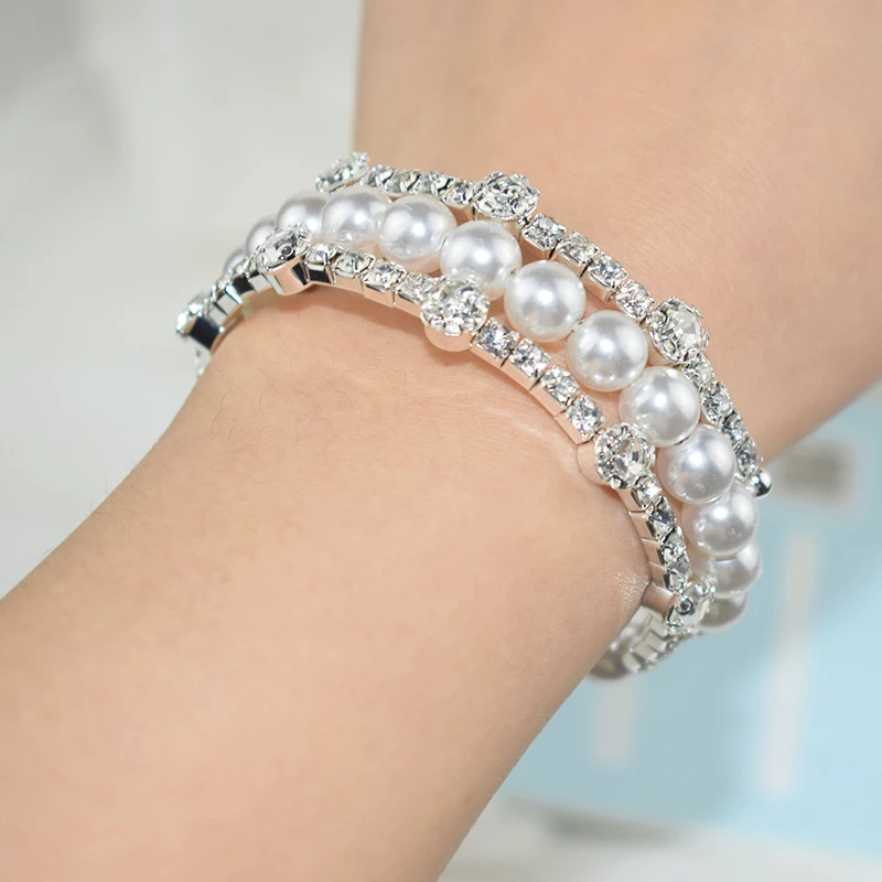 Fashion Crystal Open Wrist Bangles for Women Girls Luxury Imitation Pearl Gold Silver Plated Bracelets Bangles Bridal Jewelry 5