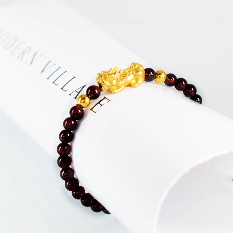 

999 24K Yellow Gold Bracelet Luck Pixiu Charms and Sutra Red Garnet 5-6mm Girl Upscale Gift Jewellery