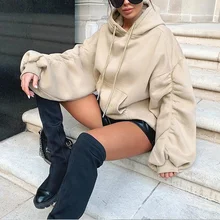 

Harajuku Ruched Long Sleeve Autumn Winter Loose Drawstring Warm Cotton Hoodies Streetwear Women Casual Loose Hooded Sweatshirt