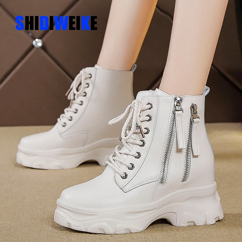 

2019 Autumn Spring Platform Ankle Boots Women 4cm Thick Heel Platform Boots Ladies Worker Boots white Double zipper shoes g614