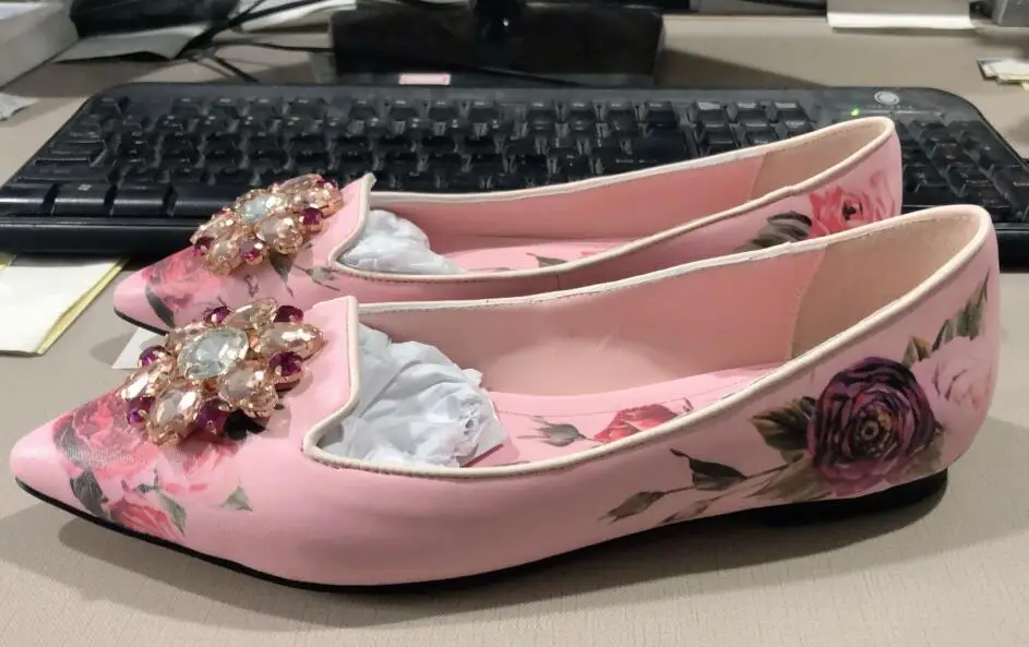 Роскошные свадебные вечерние туфли на высоком каблуке с цветочным принтом и блестящими кристаллами; женские туфли-лодочки на шпильке с острым носком; Каблук 5 см; Каблук 9 см - Цвет: as pic pink flat