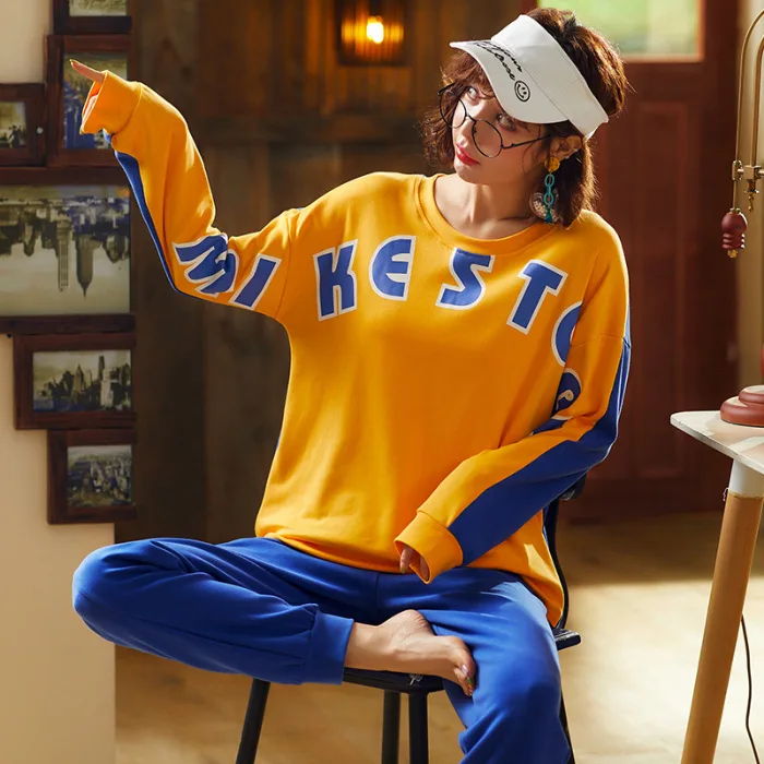 

Pajamas Women's Spring And Autumn 6535 Knitted Cotton Long Sleeve Trousers Crew Neck Women's Japanese Korean Nursing Home Wear T