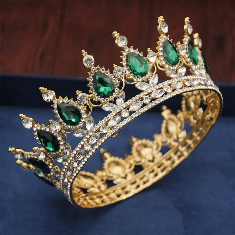 Gold Green Барокко Серебряный свадебный венец со стразами королевская королева диадема украшение для головы тиары и короны свадебные аксессуары для волос - Окраска металла: Gold Green