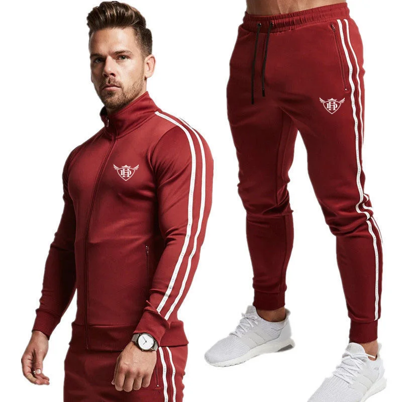 Модный мужской спортивный комплект с принтом для фитнеса, спортивный костюм с длинным рукавом, толстовка с капюшоном, спортивные штаны для фитнеса, тренировочный костюм для бега