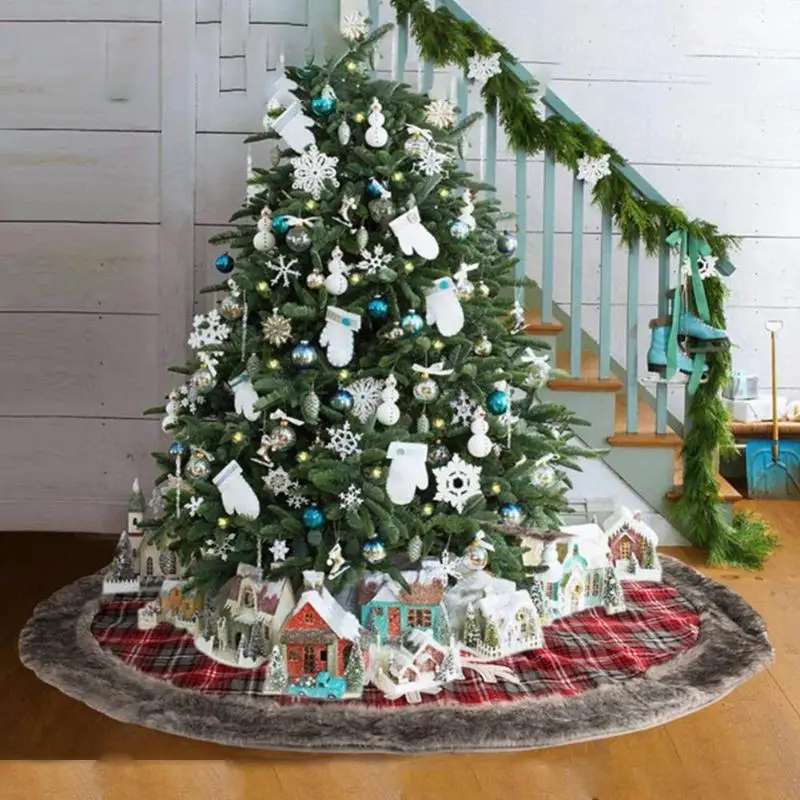 120cm Christmas Tree Skirts Cloth Check Wrap Edge Apron New Year Home Decor