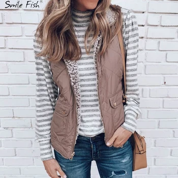 

Women Windproof Coat Vests Casual Sleeveless Women Plush Teddy Outwear Warm Winter Pockets Coat Plus Size Vest Jacket GV801