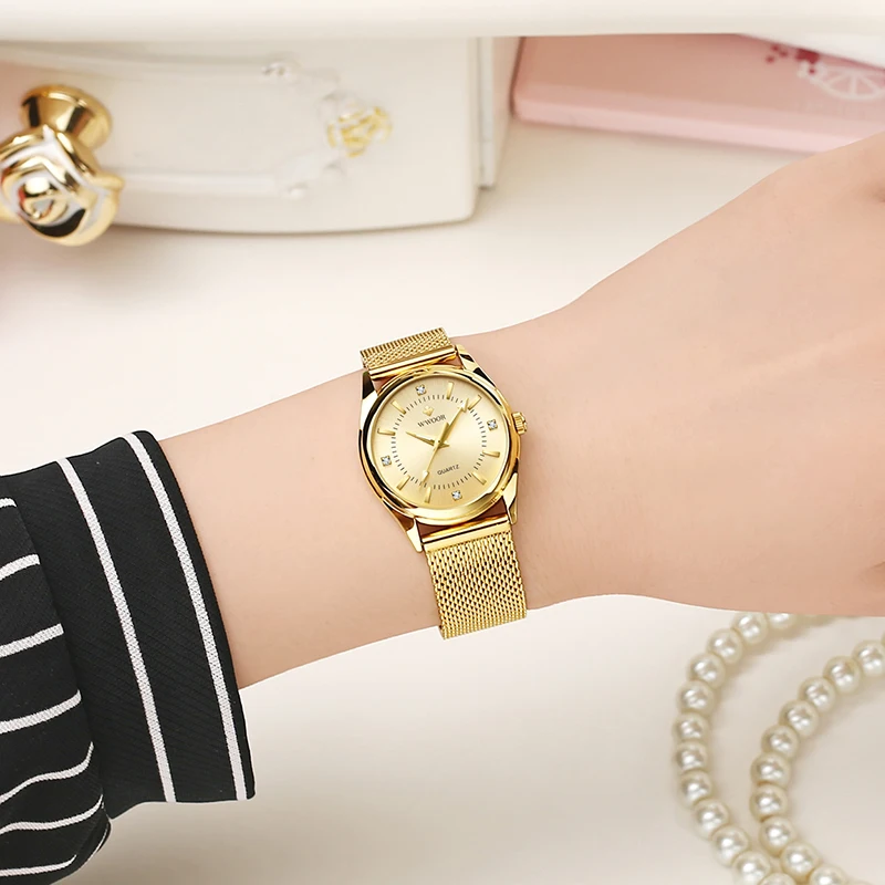 WWOOR Luxury Brand Dress Gold Watch Ladies Elegant Diamond Small Quartz Wrist Watches For Women Steel Mesh Clock zegarek damski
