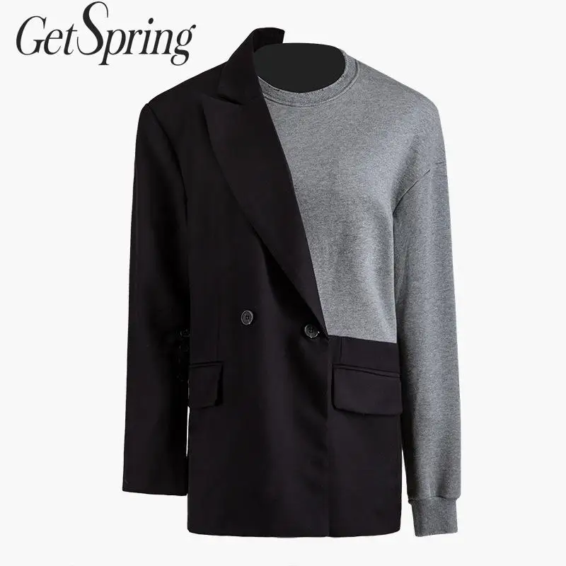 

GetSpring Women Blazer Double Breasted Long Sleeve Asymmetry Ladies Blazer Coat Patchwork Irregular Women's Slim Suit Jacket New