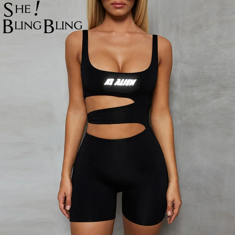 

SheBlingBling Reflective Letter Printing Black Fitness Women Playsuit 2019 Summer Sexy Straps Hollow Out Rompers Womens Jumpsuit
