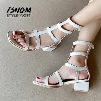 

ISNOM 2020 Leather Sandals Women Gladiator Sandals Chunky Heels Summer Shoes Woman Ladies Sandals Dress Shoes Big Size 43