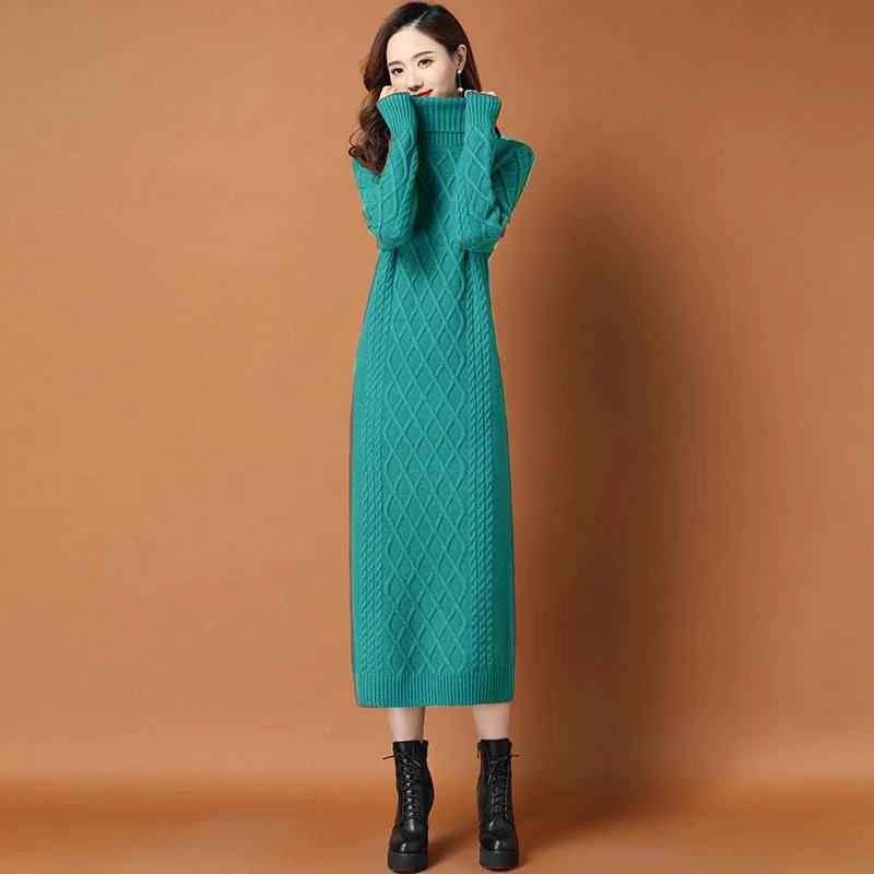 red sweater High-necked Long Sweater Women's Thick Autumn Winter Loose Outwear Twist Base Dresses Knitted Dress Women Turtle Neck Pullover christmas sweaters