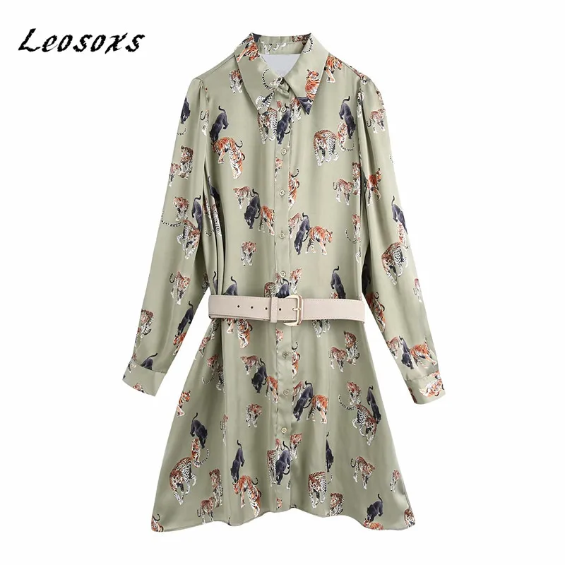 

Leosoxs French vintage sashes High waist women dress animal print long sleeve shirt dress elegant casual dresses 2020 Autumn New