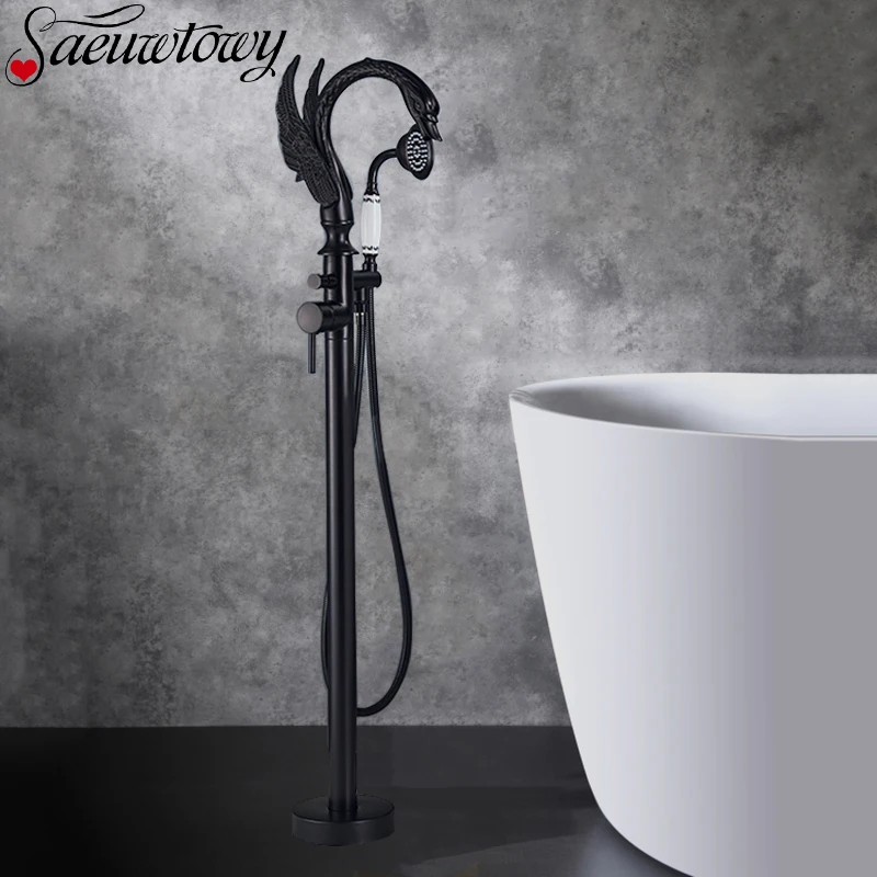 Swan shape Chrome Floor Standing Bathtub Faucet Bathroom Faucet Telephone Style Bathtub Tap 360&deg; Rotation Ceramic Handle
