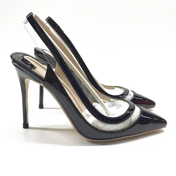 

2020 new black patent leather stitching pointed high heels 10cm stiletto heel sandals fashion women's shoes